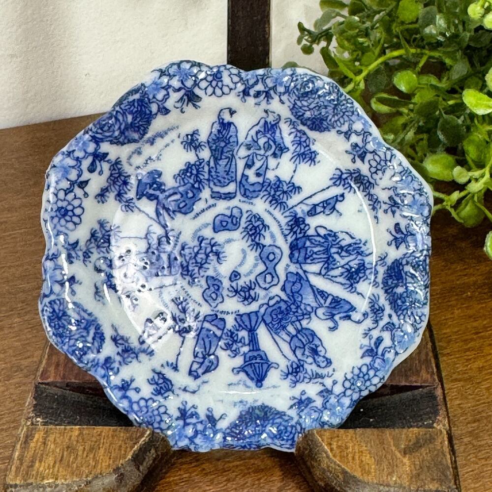 Antique Blue Transferware Butter Pat Dish Asian Curiosities Scalloped 3" R77